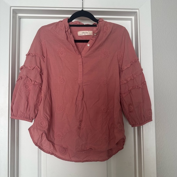 ANTHRO ISABELLA SINCLAIR Sunflower Embroidered Henley Popover Embellished Blouse - Picture 3 of 7